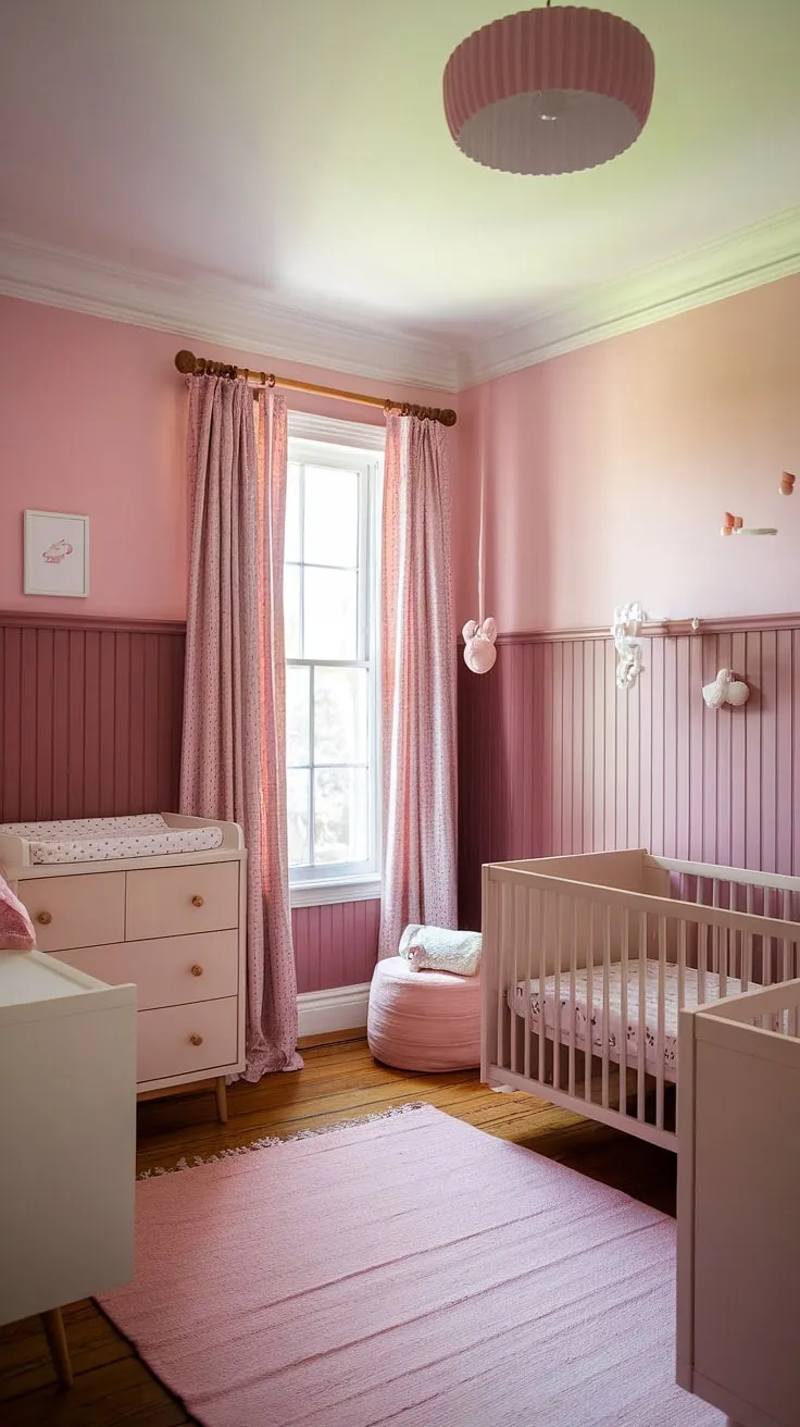 This light pink wall paint creates a serene haven, complemented by the elegant pink wainscoting.  The pastel pink wall paint and thoughtful light pink room decor make this the ultimate girly room painting ideas inspiration.  A perfect example of how different shades of pink paint can transform a space.