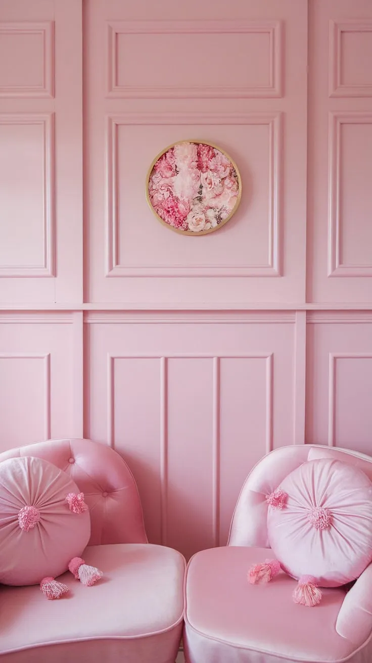This light pink room decor is pure enchantment.  Pink room painting ideas come alive with the subtle interplay of pastel pink wall color and the rich texture of pink wainscoting.  The use of shades of pink paint, including a beautiful Sherwin Williams in the pink, elevates this space into a truly girly haven.  A masterclass in creating a soft and feminine atmosphere.