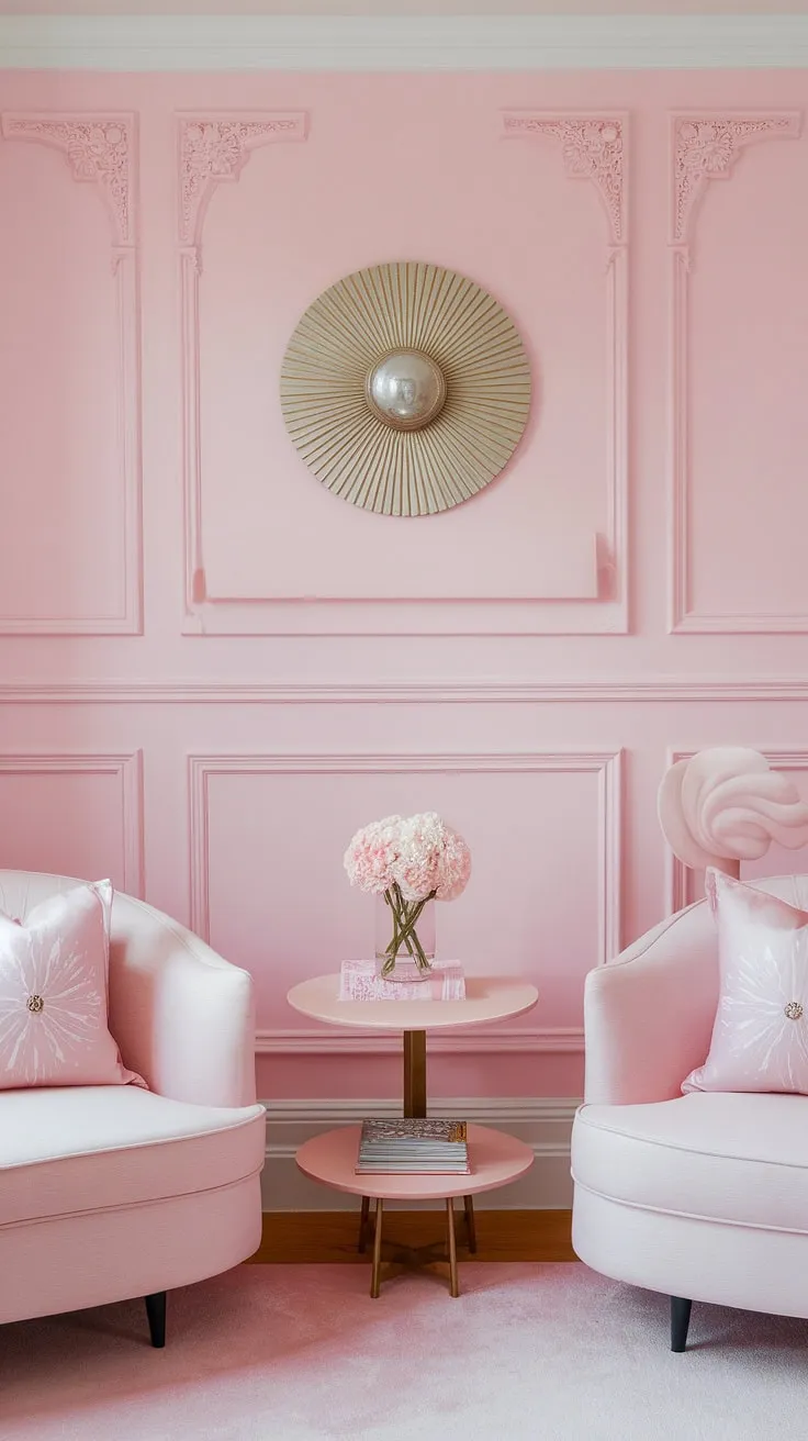 A symphony of pink! From the delicate pastel pink wall paint to the charming pink wainscoting, every detail in this space whispers femininity.  Light pink room decor and the subtle variations in shades of pink paint create a truly enchanting atmosphere.  This is the perfect example of how to bring girly room painting ideas and pink room painting ideas to life.