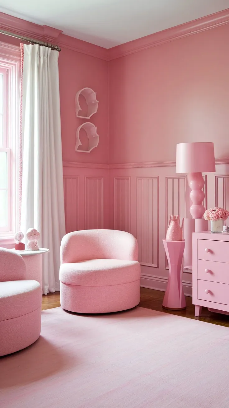 Step into a dream: This girly room, painted in Sherwin-Williams' "In the Pink" and accented with various shades of pink paint—from light pink wall paint to pastel pink wall color—is the ultimate inspiration for pink room painting ideas.  The pink wainscoting adds a touch of elegance to this light pink room decor, complete with a pink rug and chair.