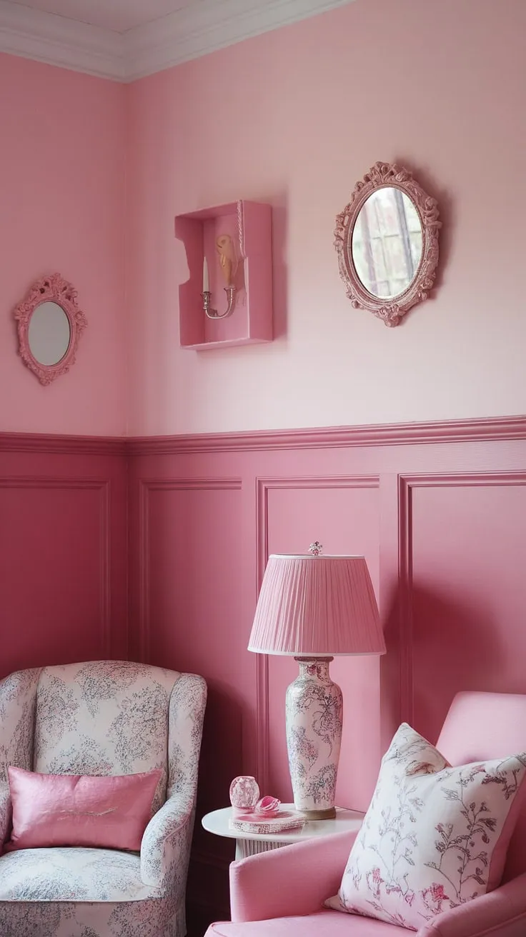 This light pink room decor is pure bliss!  The combination of pink wainscoting and different shades of pink paint, including the dreamy "In the Pink" Sherwin Williams pastel pink wall paint, creates a truly enchanting space.  These pink room painting ideas are perfect for anyone seeking a girly room painting ideas with a touch of vintage charm.