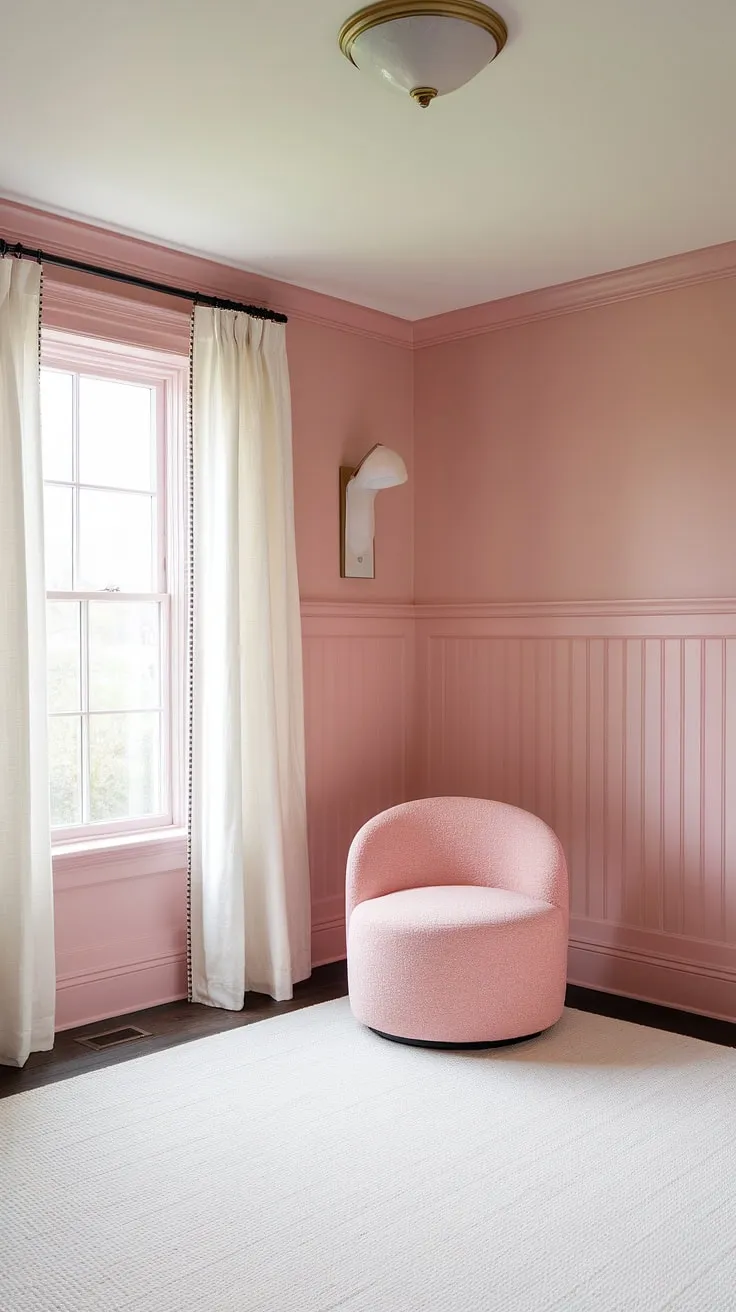 Bathed in the soft glow of pastel pink wall color, this room is a dream in shades of pink paint.  The pink wainscoting adds a touch of elegance, perfectly complementing the light pink wall paint, a dreamy In the Pink Sherwin Williams hue.  The pink chair and white rug complete this light pink room decor, offering endless girly room painting ideas and pink room painting ideas for a space that's both sophisticated and playful.