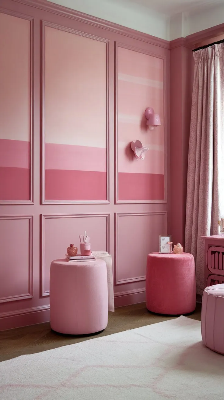 Dreamy and delicate, this room is a masterclass in pastel pink perfection.  The pink wainscoting adds architectural detail to the light pink wall paint, creating a sophisticated backdrop for the light pink room decor.  Shades of pink paint, from the In the Pink Sherwin Williams hue to softer pastel pink wall color choices, blend seamlessly, offering endless girly room painting ideas.  This is the epitome of pink room painting ideas, a space where sweet dreams are made.