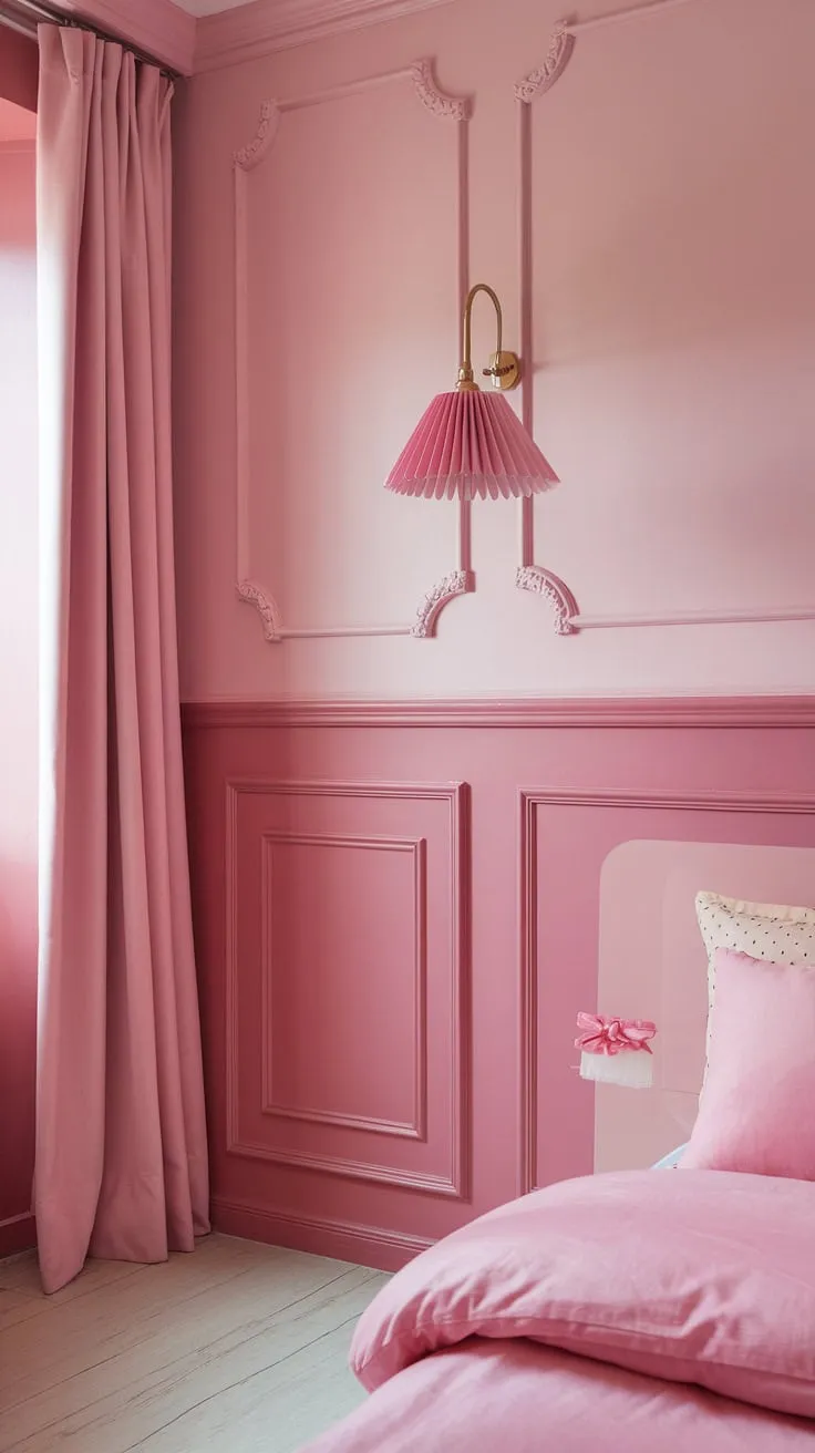 In the Pink Sherwin Williams sets the stage for these girly room painting ideas.  The pastel pink wall color and light pink wall paint create a soft, inviting atmosphere, beautifully enhanced by the pink wainscoting.  Pastel pink wall paint accents the lower half, adding depth and dimension to this light pink room decor.  Pink curtains, a pink lampshade, and pink pillows complete the picture-perfect pink room painting ideas.
