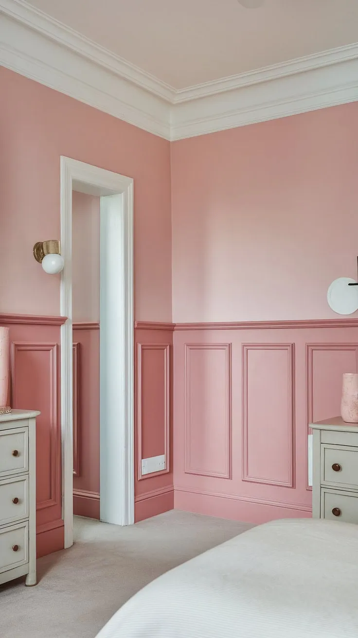 Dreaming in pastel pink.  This room's light pink wall paint, featuring In the Pink Sherwin Williams, creates a serene atmosphere, perfectly complemented by the pink wainscoting.  The shades of pink paint, from the pastel pink wall color to the richer tones in the furniture, offer a sophisticated take on girly room painting ideas and light pink room decor.  This is the ultimate inspiration for pink room painting ideas.
