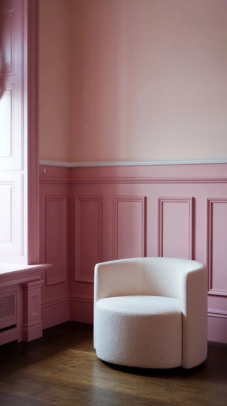 Lost in a dreamy world of pastel pink wall color, where the light pink wall paint meets the rich depth of pink wainscoting.  This room, painted in a shade of In the Pink Sherwin Williams, is the perfect example of girly room painting ideas and light pink room decor. The darker pink wainscoting adds a touch of sophistication to the overall pastel pink wall paint scheme.