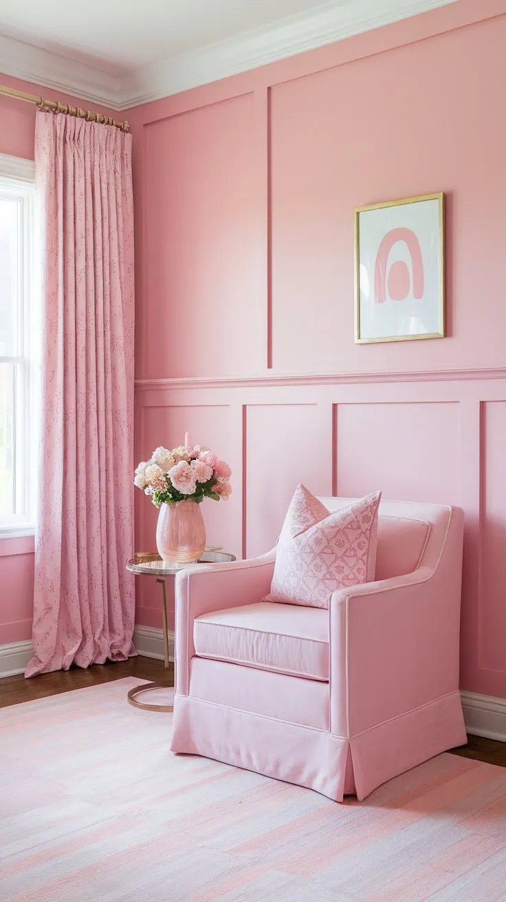 Step into a dream:  Shades of pink paint create a haven of serenity.  The pink wainscoting adds a touch of elegance to the light pink wall paint, while the pastel pink wall color, a perfect "In the Pink" Sherwin Williams hue, completes this girly room painting ideas masterpiece. Light pink room decor perfectly complements the pastel pink wall paint, showcasing the best in pink room painting ideas.