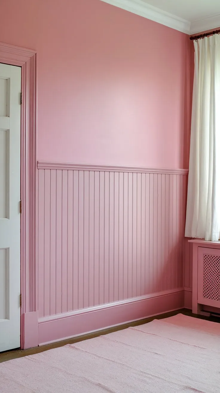 Dreamy shades of pink paint create a haven of serenity.  The pink wainscoting adds a touch of elegance to this light pink wall paint, while the pastel pink wall paint above completes the perfectly balanced girly room painting ideas.  This light pink room decor, painted in a similar shade to In the Pink Sherwin Williams, is the ultimate inspiration for pink room painting ideas.
