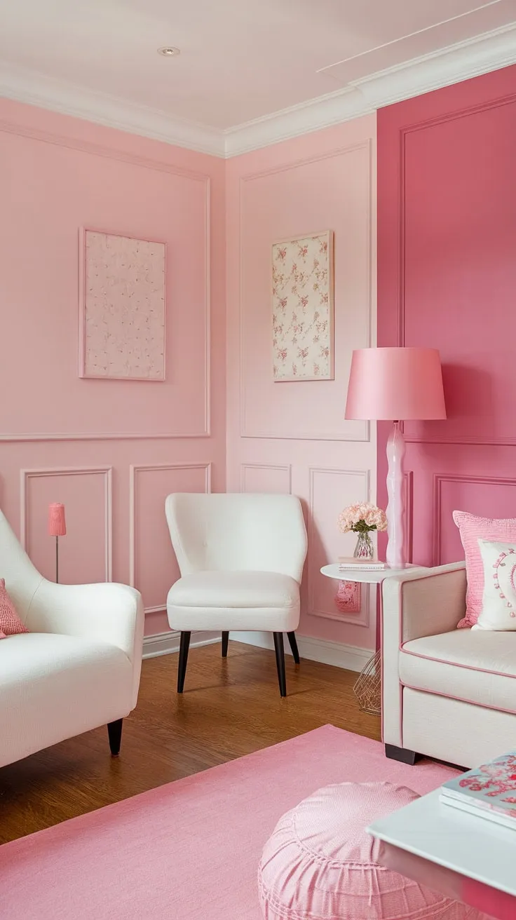 Bathed in the soft glow of "In the Pink" Sherwin-Williams, this room is a dreamy escape.  The pastel pink wall color, complemented by pink wainscoting and carefully chosen shades of pink paint, creates a truly girly room painting ideas haven. Light pink room decor, from the throw pillow to the lampshade, perfectly accentuates the light pink wall paint, making this a masterclass in pastel pink wall color palettes.