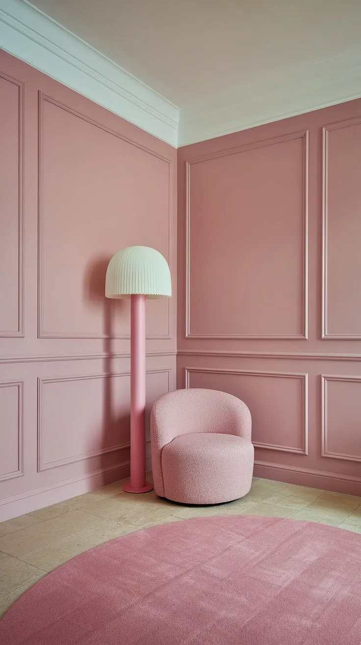 Bathed in the soft glow of pastel pink wall paint, this room is a dream in shades of pink paint.  The pink wainscoting adds a touch of elegance, while the light pink room decor, including the In the Pink Sherwin Williams accent chair and rug, creates a truly girly room painting ideas haven. This light pink wall color is the perfect backdrop for a serene and stylish space.