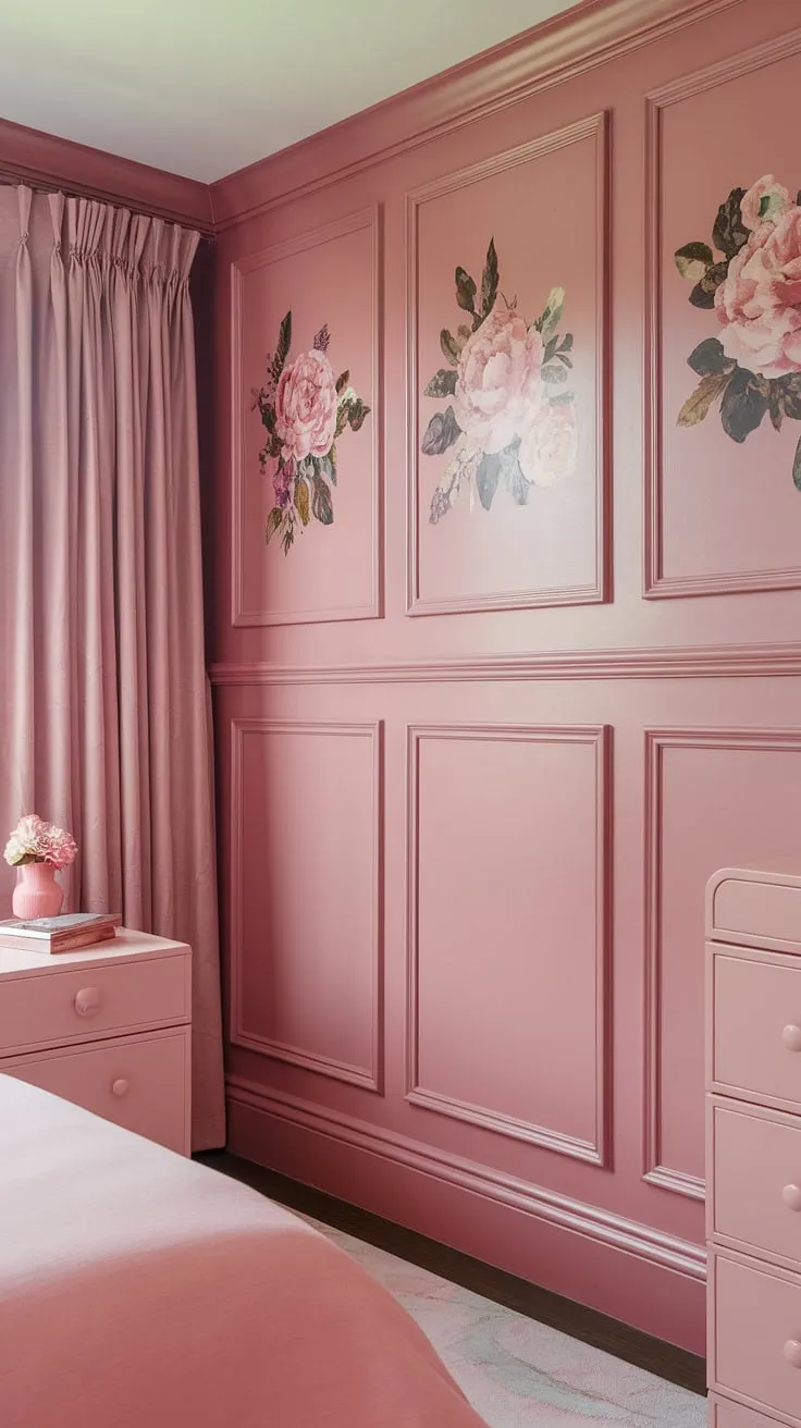 Dreamy shades of pink paint create a haven of serenity.  The deeper pink wainscoting adds a touch of sophistication to the light pink wall paint, perfectly complementing the pastel pink wall color and light pink room decor. This girly room painting ideas showcase the beauty of In the Pink Sherwin Williams, a perfect choice for those seeking pastel pink wall color inspiration.