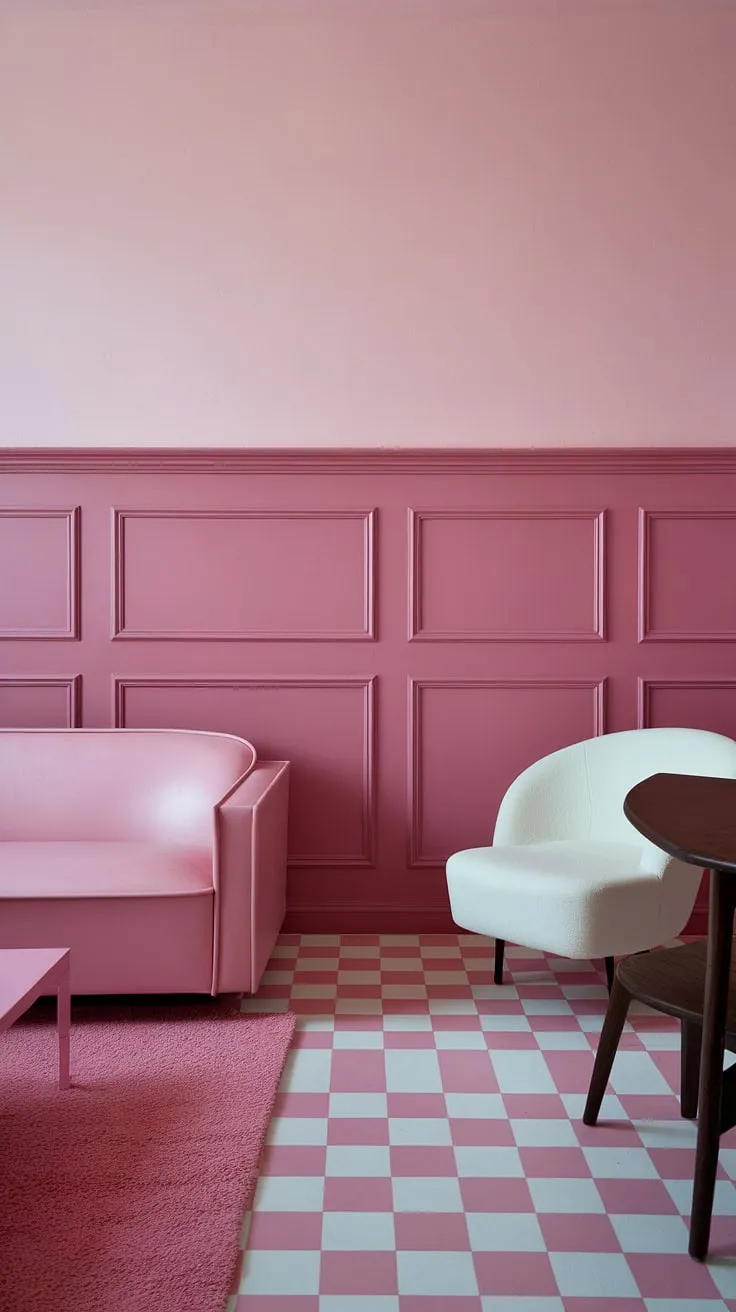 Step into a dream: This room, painted in shades of pink paint, showcases the beauty of pink wainscoting. The light pink wall paint above complements the deeper pastel pink wall color below, creating a sophisticated yet playful atmosphere.  The pastel pink wall color, reminiscent of Sherwin Williams' In the Pink, is perfectly paired with the pink and white checkered floor and light pink room decor. This is the ultimate inspiration for girly room painting ideas and pink room painting ideas.