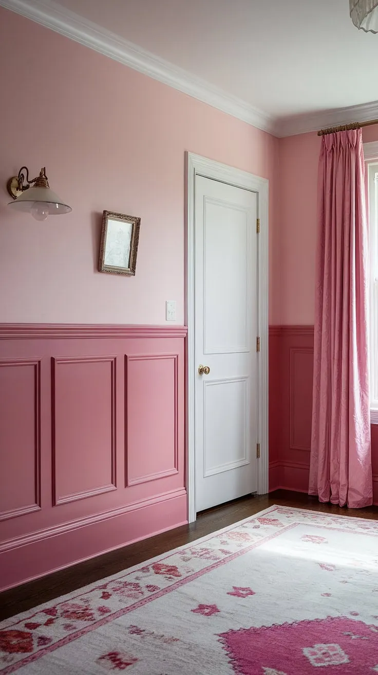 This dreamy room, painted in shades of pink paint, showcases the perfect balance of light pink wall paint and a deeper blush on the pink wainscoting.  The pastel pink wall color, achieved using Sherwin Williams' In the Pink, creates a serene atmosphere, while the vintage lamp and framed picture add charming details. This is the ultimate inspiration for girly room painting ideas and light pink room decor, proving that pink room painting ideas can be sophisticated and stylish.