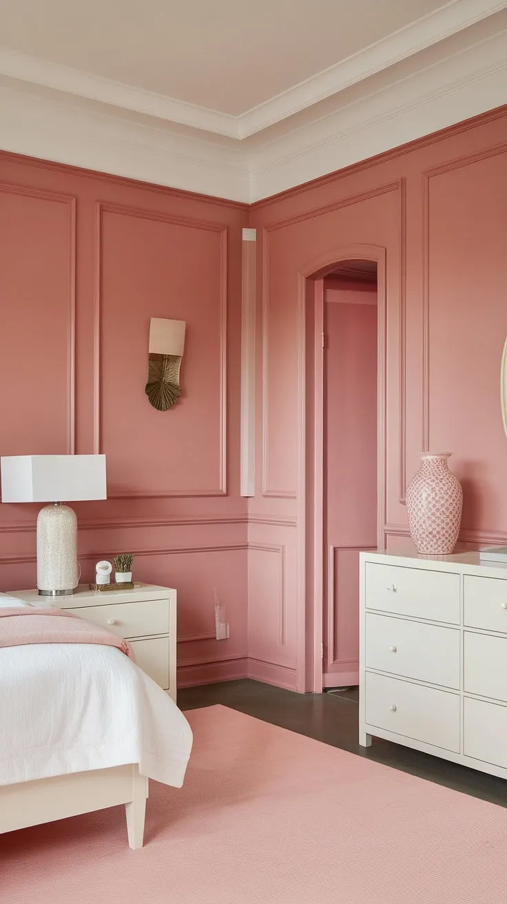 Shades of pink paint transform this space into a haven of tranquility. The pastel pink wall paint complements the pink wainscoting beautifully, creating a cohesive and calming effect.  White furniture adds a touch of brightness, making this light pink room decor the perfect example of pink room painting ideas and girly room painting ideas. The overall effect is effortlessly chic.