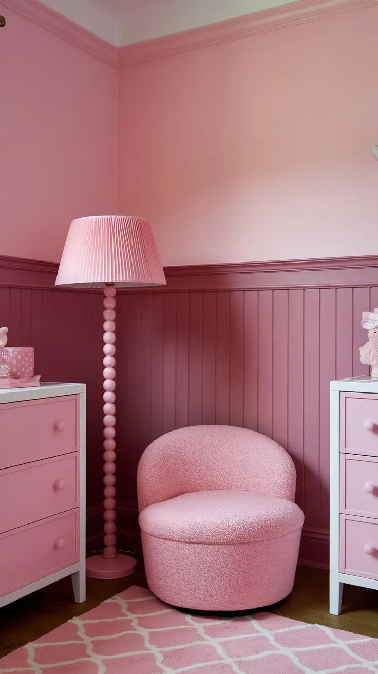 Dive into a world of pink perfection!  This room's light pink wall paint, "In the Pink" by Sherwin-Williams, sets the stage for a truly girly room painting ideas. The pastel pink wall color is beautifully complemented by the darker pink wainscoting, creating a sophisticated yet playful atmosphere.  From the pastel pink wall paint to the pink chair and rug, every detail contributes to this light pink room decor masterpiece.  These shades of pink paint are a testament to the power of thoughtful color choices.