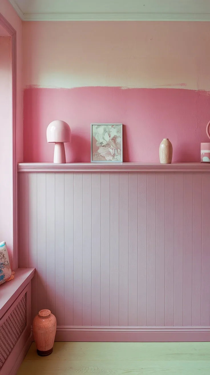 This girly room is a dream come true!  The ombre effect created by the shades of pink paint, from a deeper hue at the top to the pastel pink wall color at the bottom, is perfectly complemented by the pink wainscoting.  It's the perfect example of light pink room decor, and a fantastic inspiration for pink room painting ideas.  The In the Pink Sherwin Williams shade adds a touch of sophisticated sweetness.