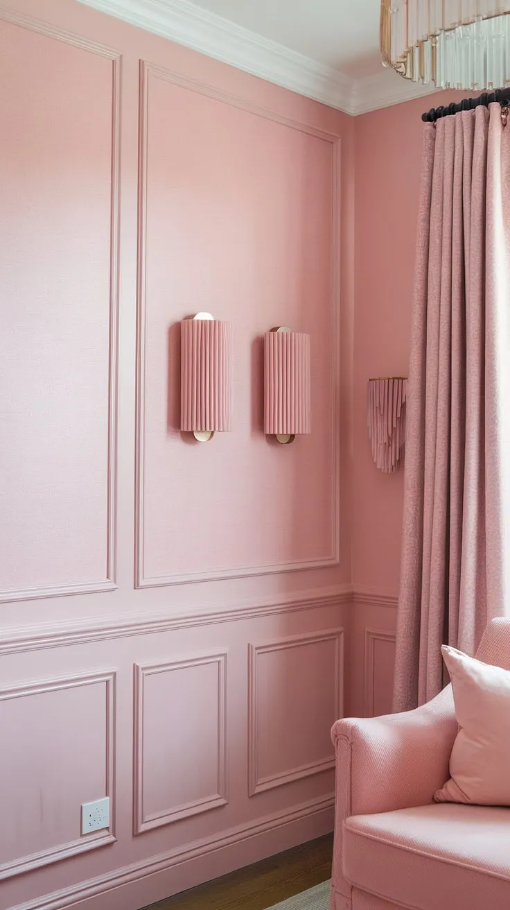 Bathed in the soft glow of "In the Pink" Sherwin Williams, this room is a dream in pastel pink wall color.  The light pink wall paint, accented by pink wainscoting with subtle shades of pink paint, creates a truly enchanting space.  Light pink room decor, from the lampshade to the pillows, completes this girly room painting ideas masterpiece. The wooden floors and chandelier add warmth and elegance.