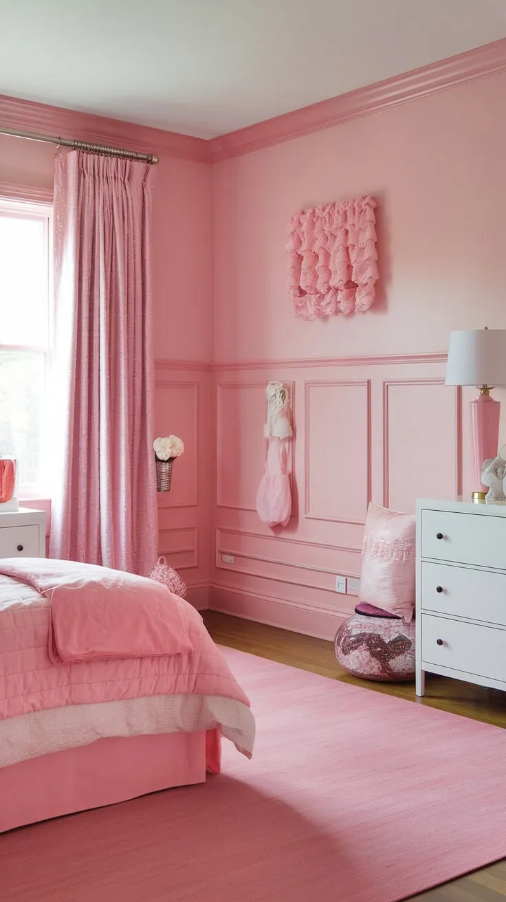 Step into a dream:  This room, painted in Sherwin Williams' In the Pink, showcases the perfect blend of pastel pink wall color and light pink room decor. The pink wainscoting adds a touch of elegance, while the shades of pink paint create a truly girly room painting ideas haven.  From the light pink wall paint to the plush pink rug, every detail whispers sweet dreams.