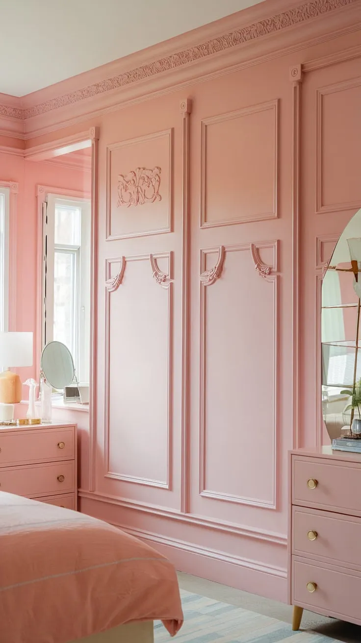 Bathed in the soft glow of natural light, this room's dreamy atmosphere is created by the perfect blend of shades of pink paint.  The pastel pink wall paint, a delightful In the Pink Sherwin Williams hue, complements the charming pink wainscoting, offering a sophisticated take on girly room painting ideas and light pink room decor.  This pastel pink wall color is the perfect backdrop for light pink room decor.