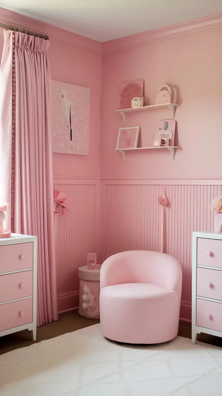 Dreamy and delicate, this room showcases the perfect balance of light pink room decor.  The pastel pink wall paint, a shade similar to Sherwin Williams' In the Pink, complements the pink wainscoting beautifully.  These shades of pink paint create a serene atmosphere, offering inspiration for girly room painting ideas and pink room painting ideas.