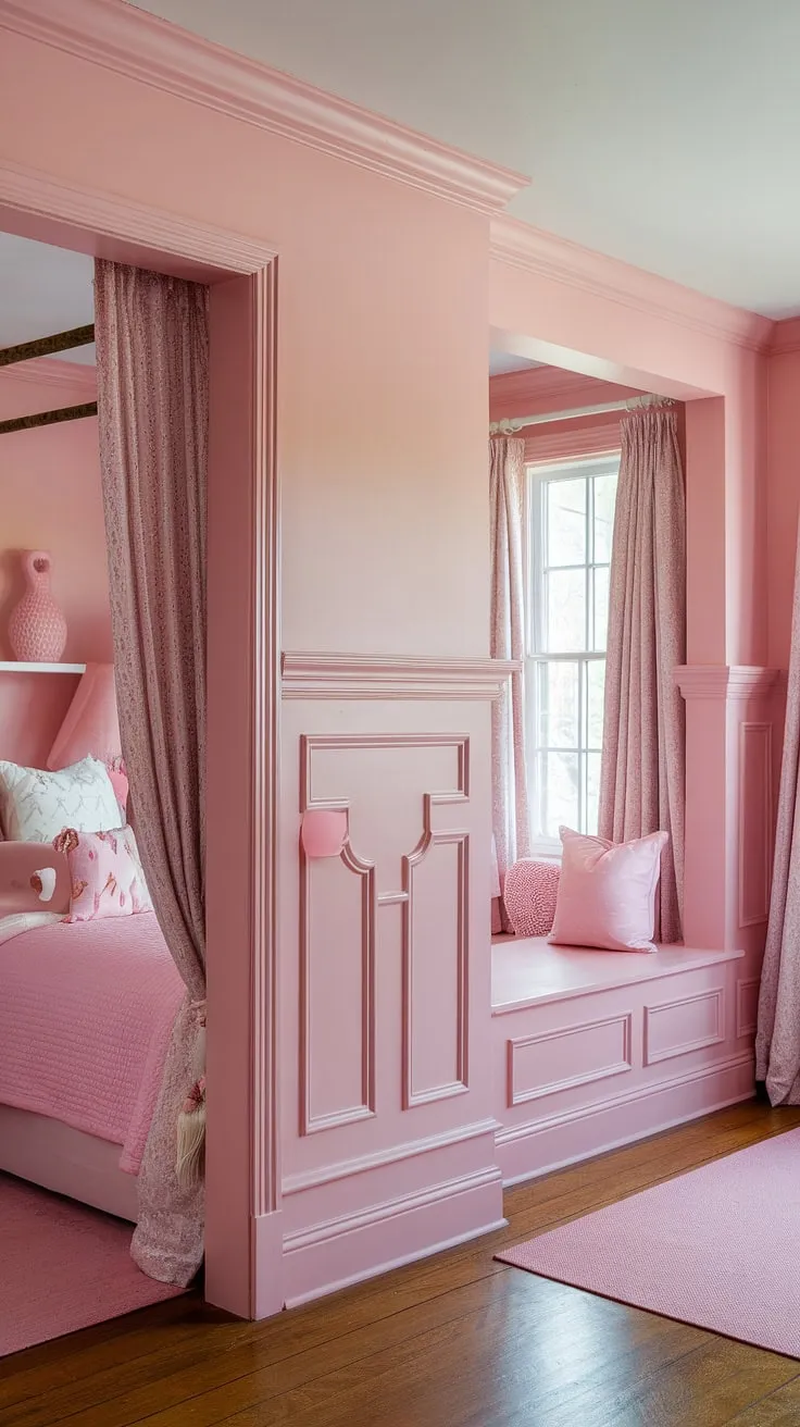 Drift away in this dreamy haven, where the light pink wall paint and pastel pink wainscoting create a serene atmosphere.  Shades of pink paint, from the In the Pink Sherwin Williams hue to softer pastel pink wall color accents, perfectly complement the light pink room decor and girly room painting ideas. This is the epitome of pink room painting ideas, a cozy retreat bathed in various shades of pink.