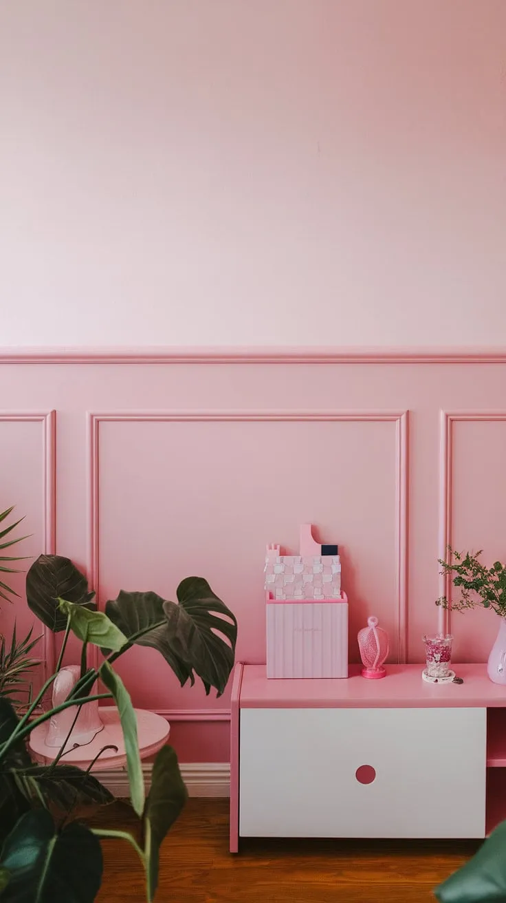 This room is the epitome of girly room painting ideas!  The combination of light pink wall paint and rich pink wainscoting, in varying shades of pink paint, is simply enchanting.  The pastel pink wall color, a beautiful choice for a light pink room decor, is perfectly complemented by the pink wainscoting.  It's a space that embodies the charm of In the Pink Sherwin Williams.