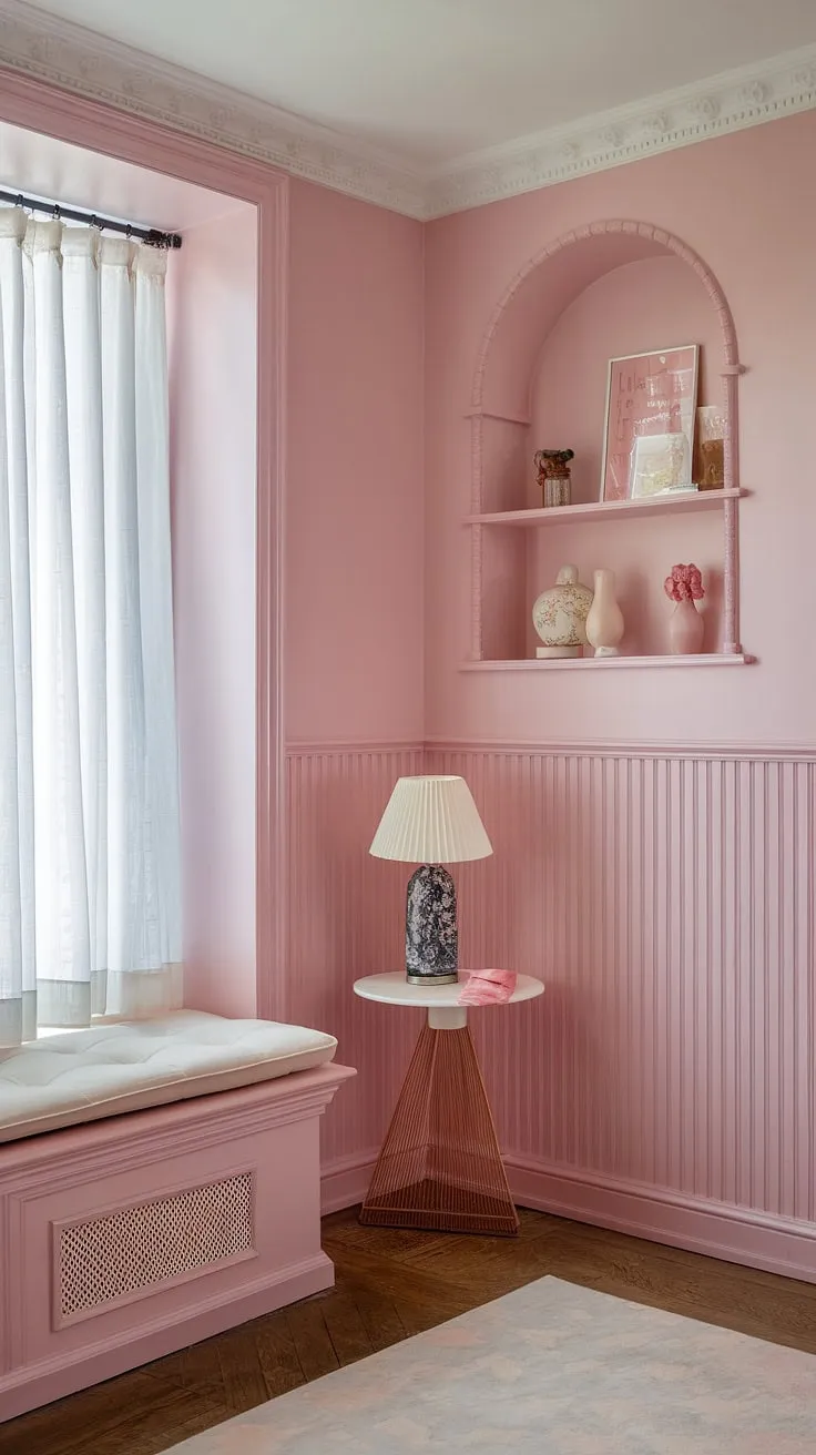 Lost in the delightful shades of pink paint!  The light pink wall paint, a perfect pastel pink wall color, is beautifully complemented by the pink wainscoting. This girly room painting ideas inspiration uses In the Pink Sherwin Williams for a truly enchanting light pink room decor. The result? Pure pink room painting ideas perfection.