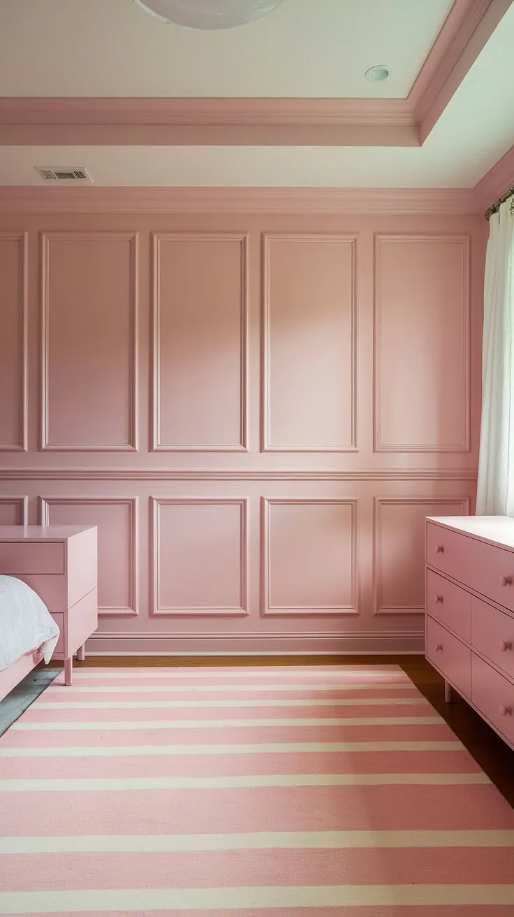 Lost in a world of pastel pink wall color. This bedroom, painted in Sherwin Williams' In the Pink, is a masterclass in light pink room decor.  The pink wainscoting provides a beautiful contrast against the pastel pink wall paint, making it the perfect example of girly room painting ideas.  The subtle shades of pink paint create a calming and sophisticated atmosphere.