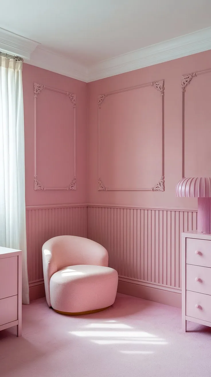 Dreamy shades of pink paint create the perfect girly room.  The pastel pink wall color, featuring a pretty pink wainscoting, is a delightful take on the In the Pink Sherwin Williams palette. This light pink room decor, with its pastel pink wall paint, offers endless pink room painting ideas.