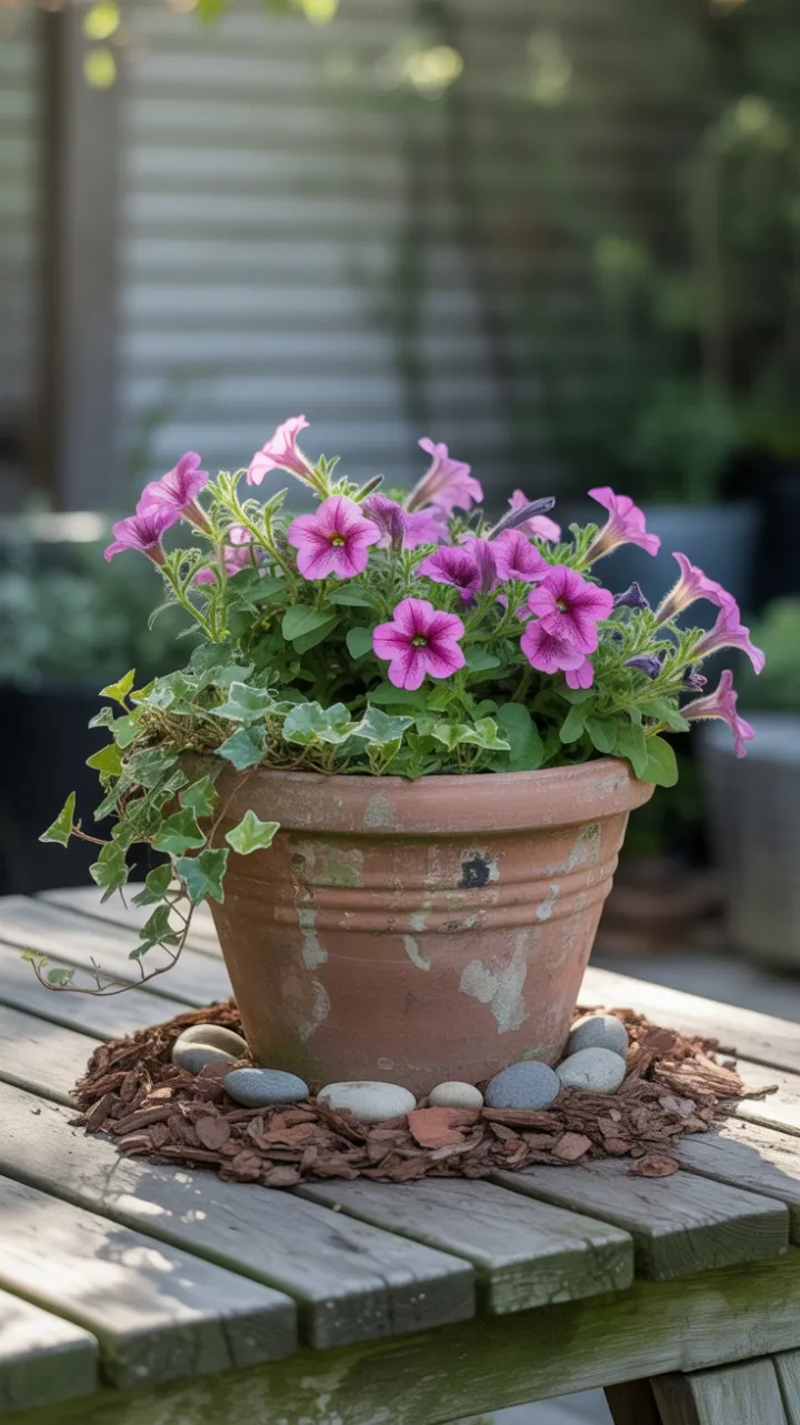 Sunlit Petunias Cascading from a Weathered Terracotta Planter