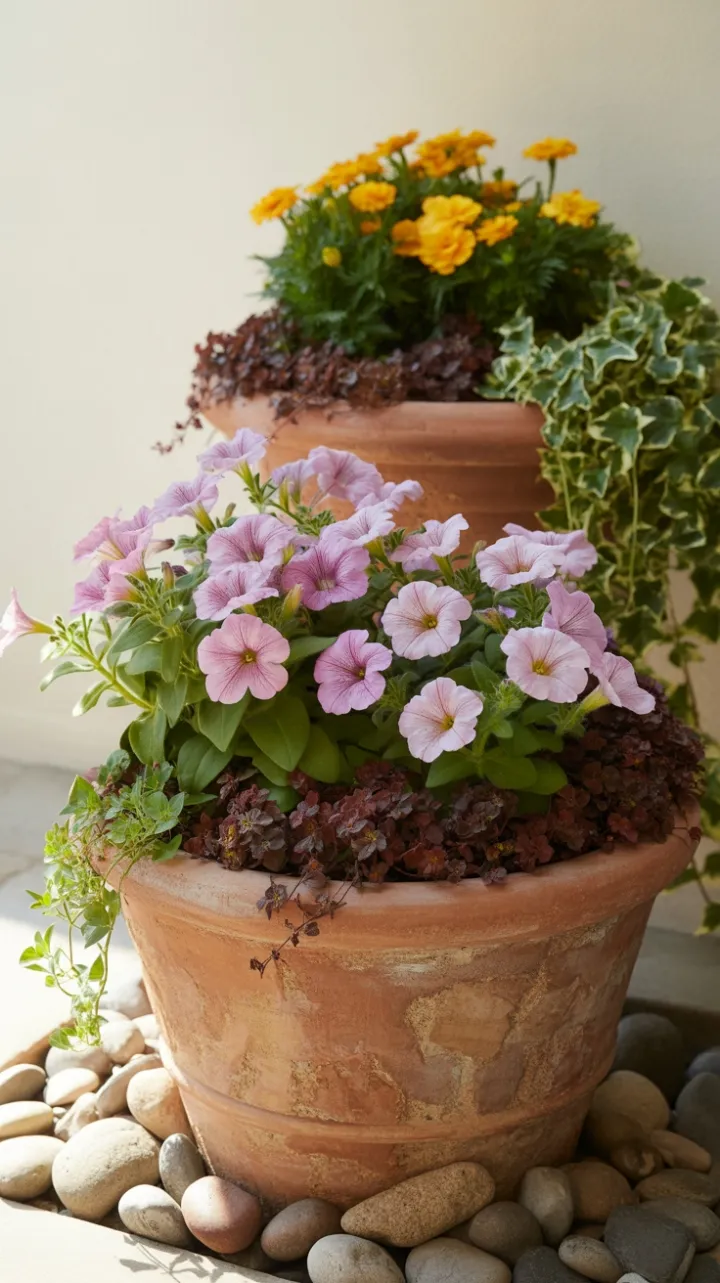 Sunlit Terracotta Cascade of Petunias Marigolds and Trailing Ivy