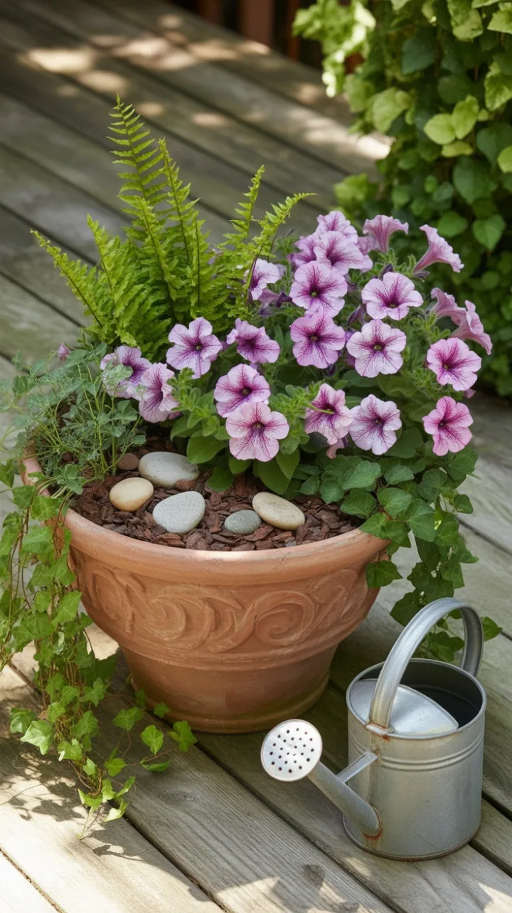 Afternoon Light on a Terracotta Planter of Cascading Petunias