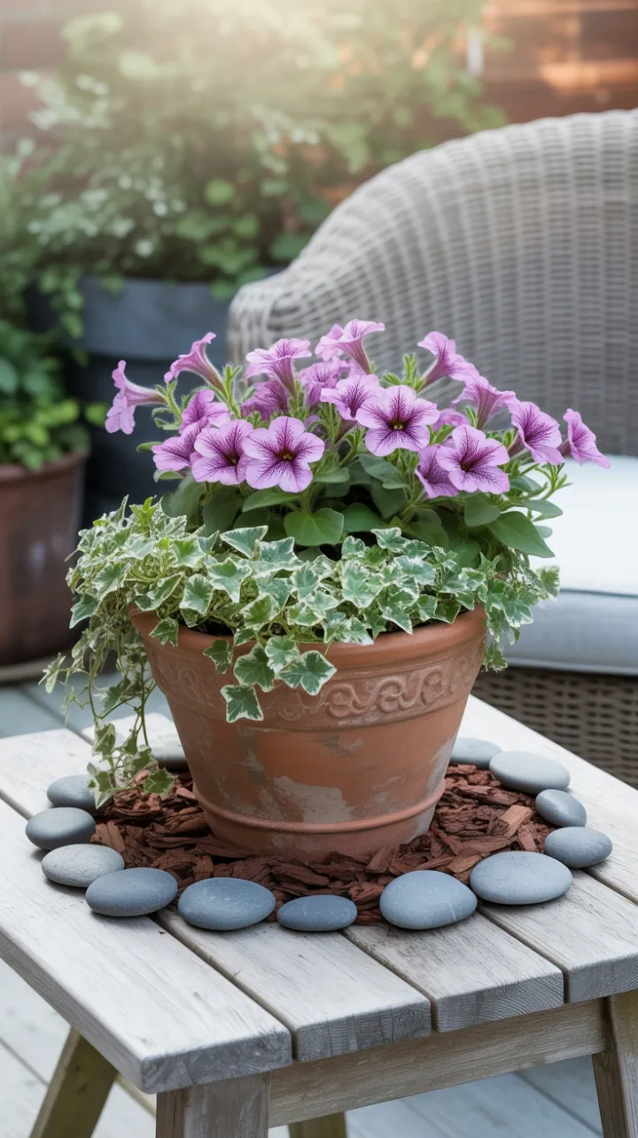 Terracotta Petunia Retreat by the Wicker Nook
