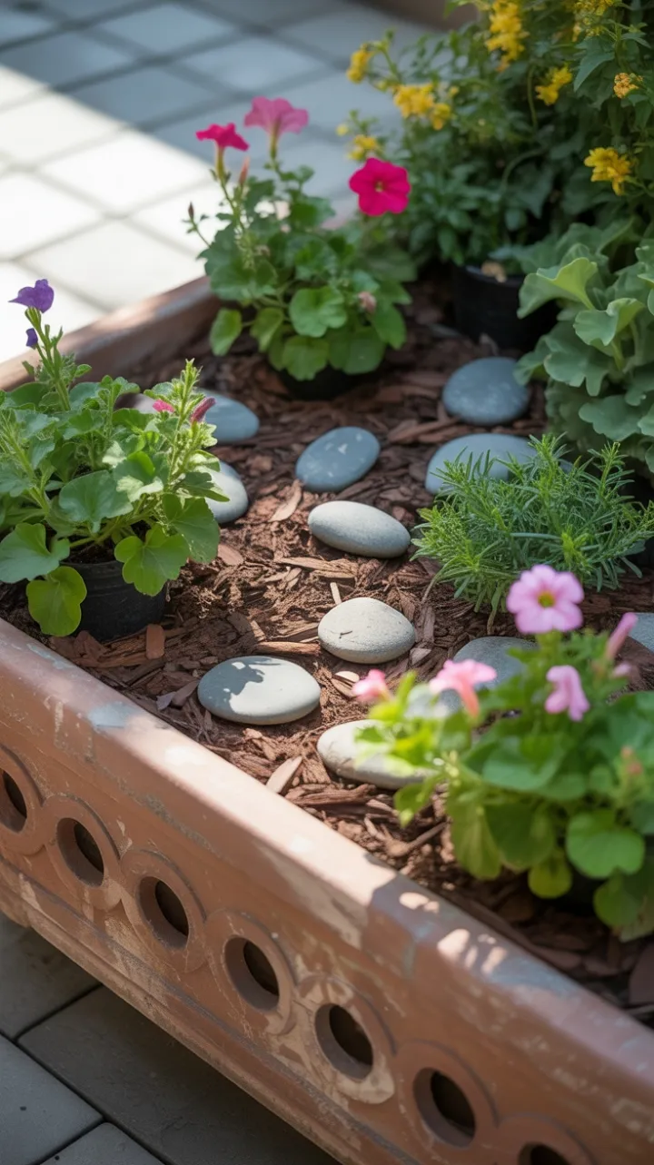 Sunlit Terracotta Planter Brimming with Petunias, Geraniums, and River Stones
