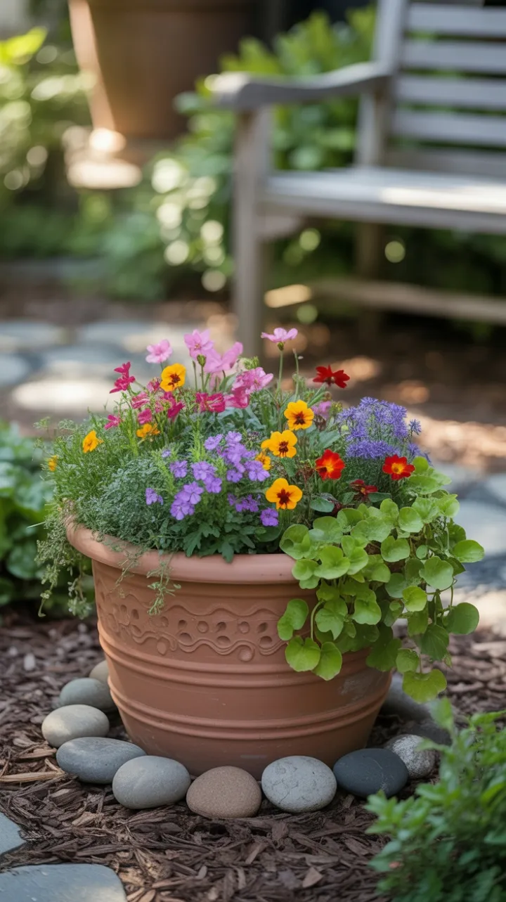 Sunlit Terracotta Planter Bursting with Blooms