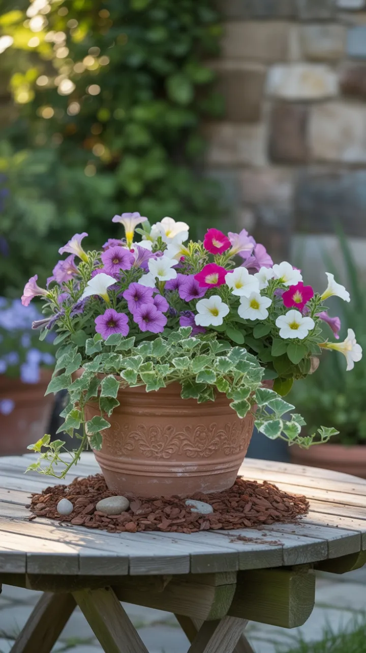 Sunlit Terracotta Overflow of Petunias and Ivy