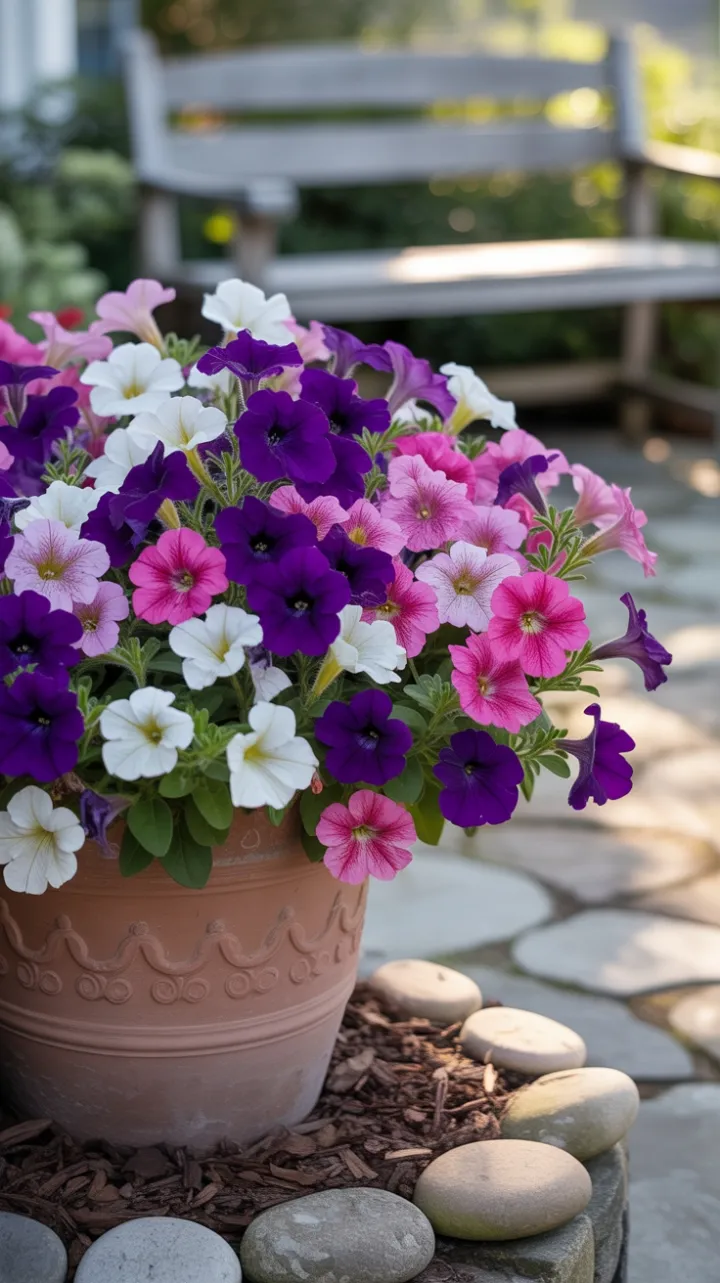 Sunlit Petunias Cascading Over a Weathered Patio
