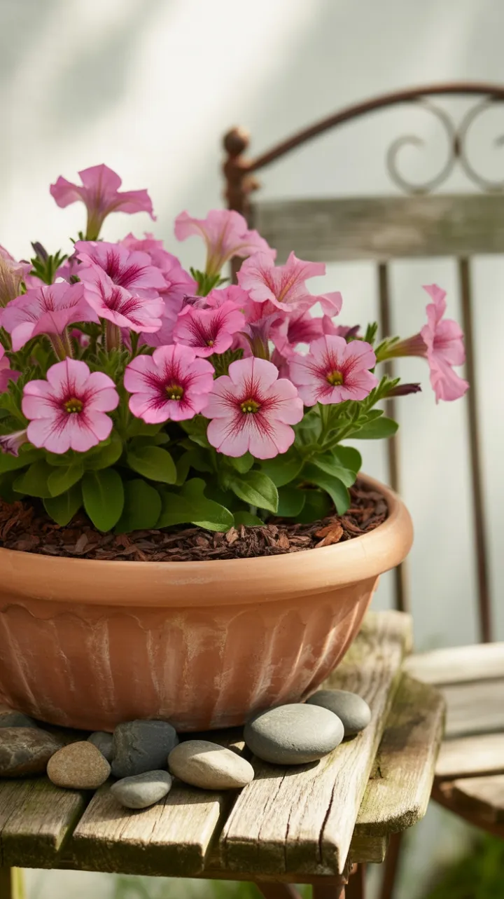 Sunlit Petunias in a Rustic Terracotta Haven