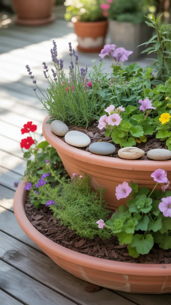 Sunlit Terracotta Tier Bursting with Lavender, Petunias and Geraniums