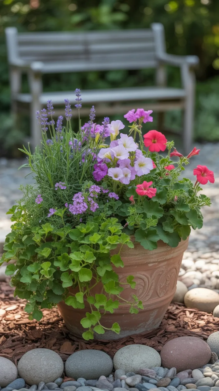 Sunlit Terracotta Planter Brimming with Lavender Petunias and Geraniums