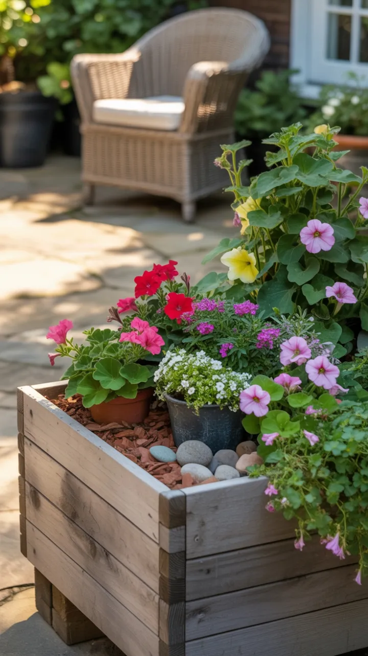 Sunlit Wooden Planter Overflowing with Vibrant Blooms