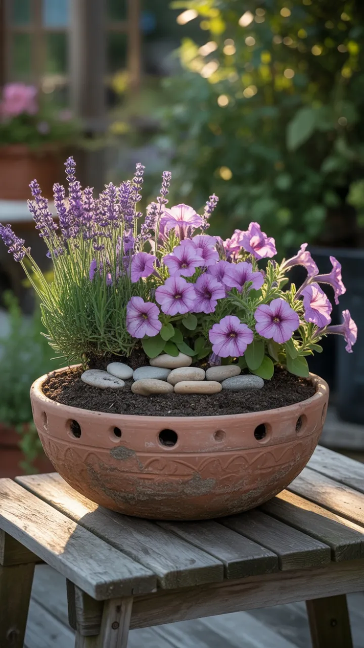 Sunlit Terracotta Overflowing with Lavender and Petunias on a Weathered Patio
