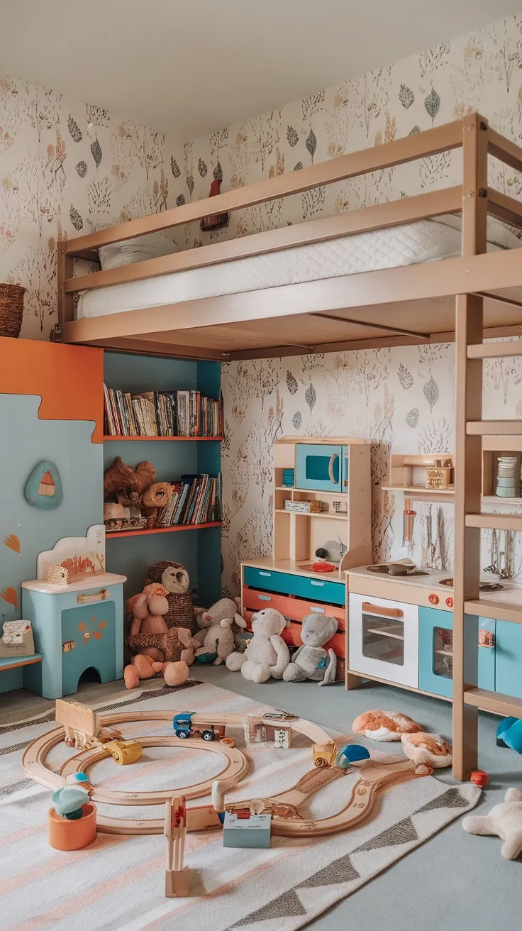 Whimsical and functional, this family room playroom showcases the best of boho playroom ideas.  The vibrant colors and playful textures of this colorful playroom create a stimulating environment for learning and growth.  The loft bed adds a touch of magic to this kids room interior, while the thoughtfully chosen toys and books encourage imaginative play.  Perfect for a baby boy room decor or a toddler playroom, this boho playroom is a testament to smart kids playroom decor.