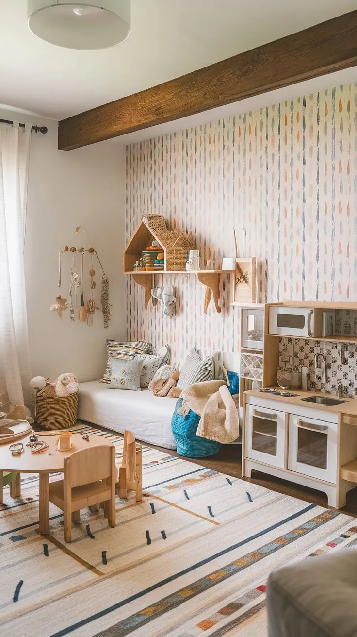 This boho playroom bedroom combo is a dream come true!  The colorful playroom, complete with a play kitchen and reading nook, seamlessly blends with a cozy baby boy room decor, creating the perfect family room playroom vibe.  Expertly designed kids room interior, showcasing the best in kids room interior design and kids playroom decor.  A true testament to creative boho playroom ideas, this space is equally perfect for a toddler playroom and a growing baby.