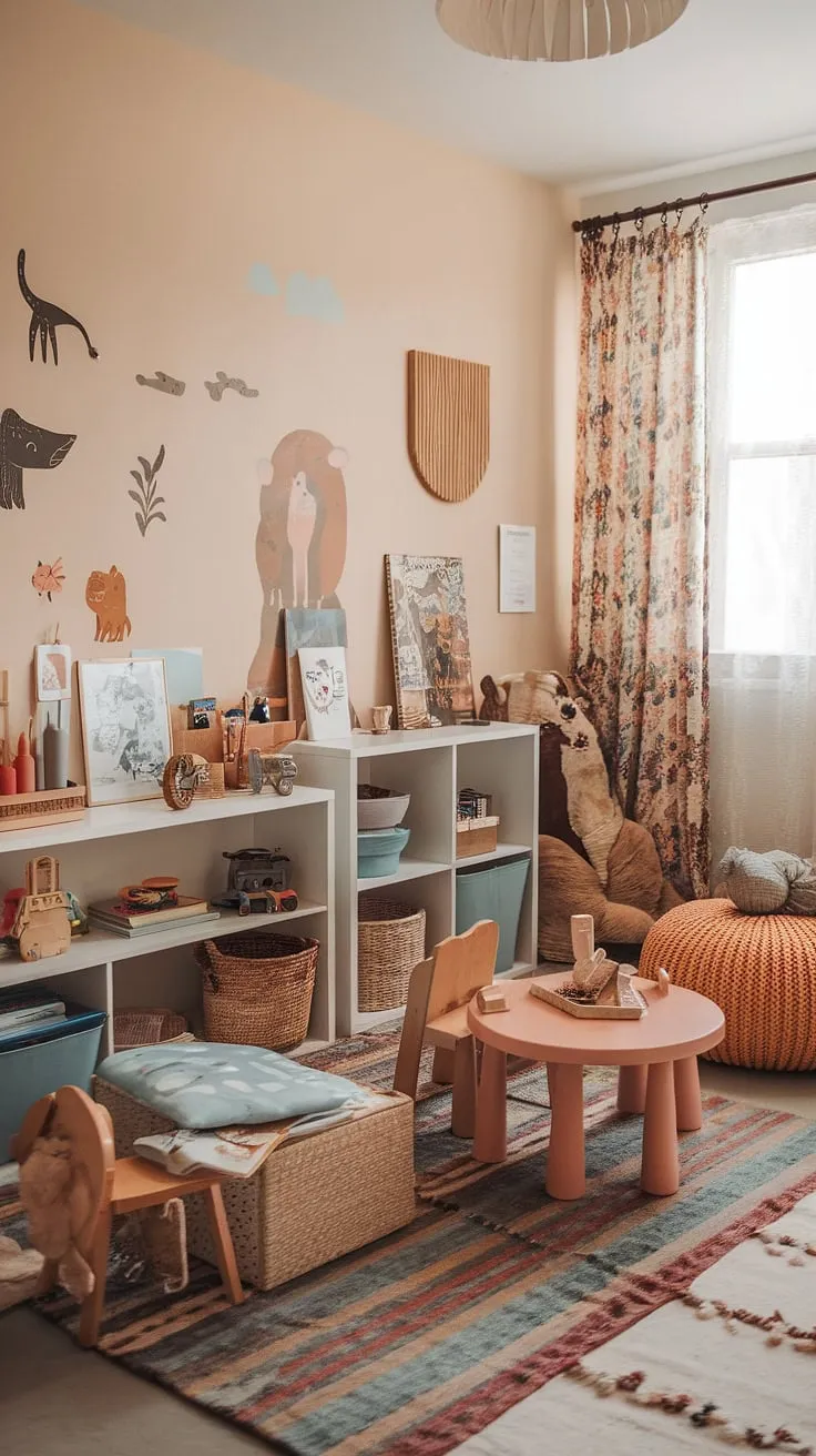 This boho playroom bedroom combo is a dream come true!  Whimsical wall decals, colorful textiles, and a curated mix of rustic and bohemian elements create a playful yet calming space perfect for both playtime and peaceful slumber.  It's the ultimate kids room interior, brimming with boho playroom ideas for a toddler playroom or even a baby boy room decor.  This family room playroom seamlessly blends function and style, showcasing the best in kids room interior design and kids playroom decor.