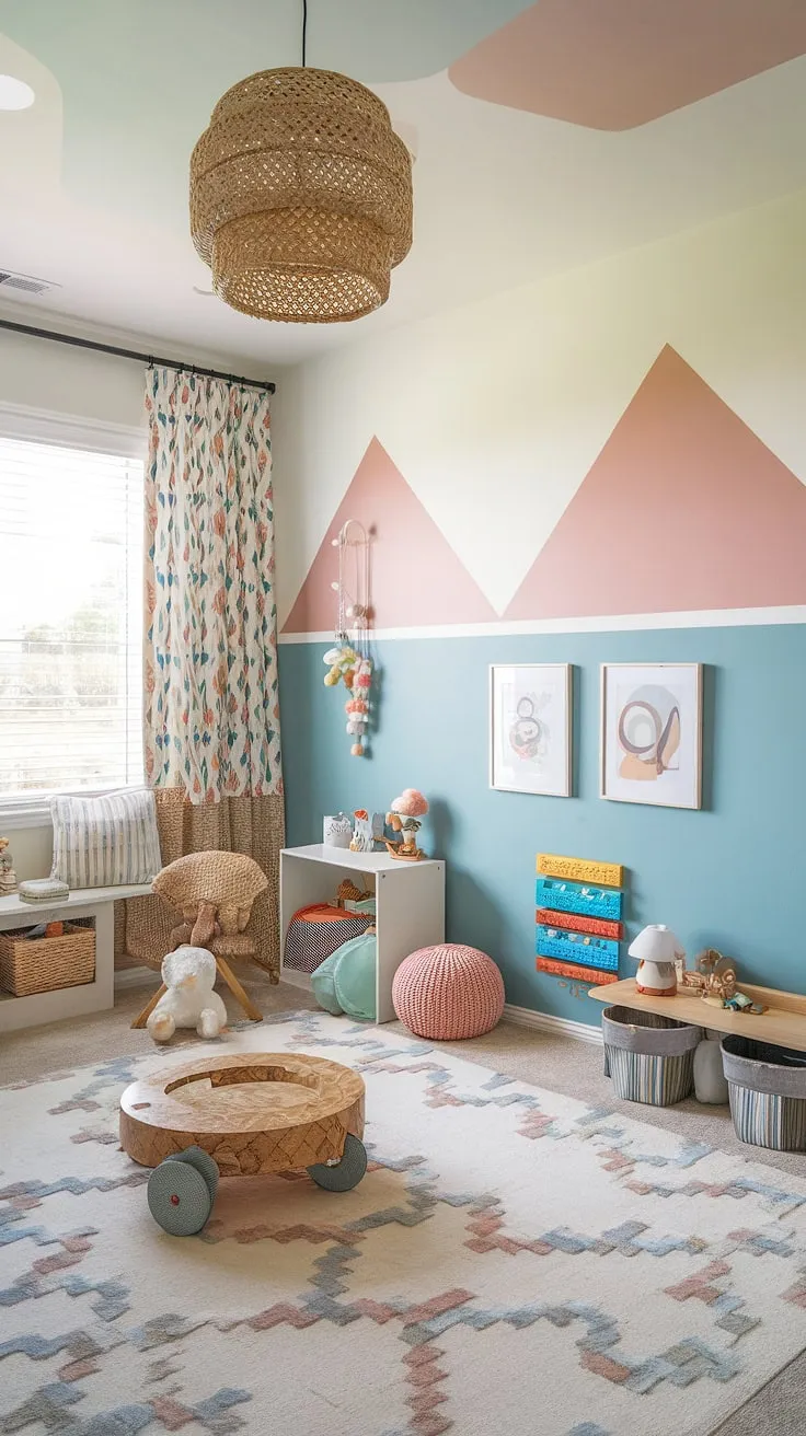 Dreamy boho playroom ideas transform this kids room interior into a playful haven.  The colorful playroom and adjoining bedroom create a magical playroom bedroom combo, perfect for a growing family.  Clever design incorporates a dedicated toddler playroom and stylish baby boy room decor within this functional family room playroom.  The result? A kids room interior design that's both beautiful and practical.