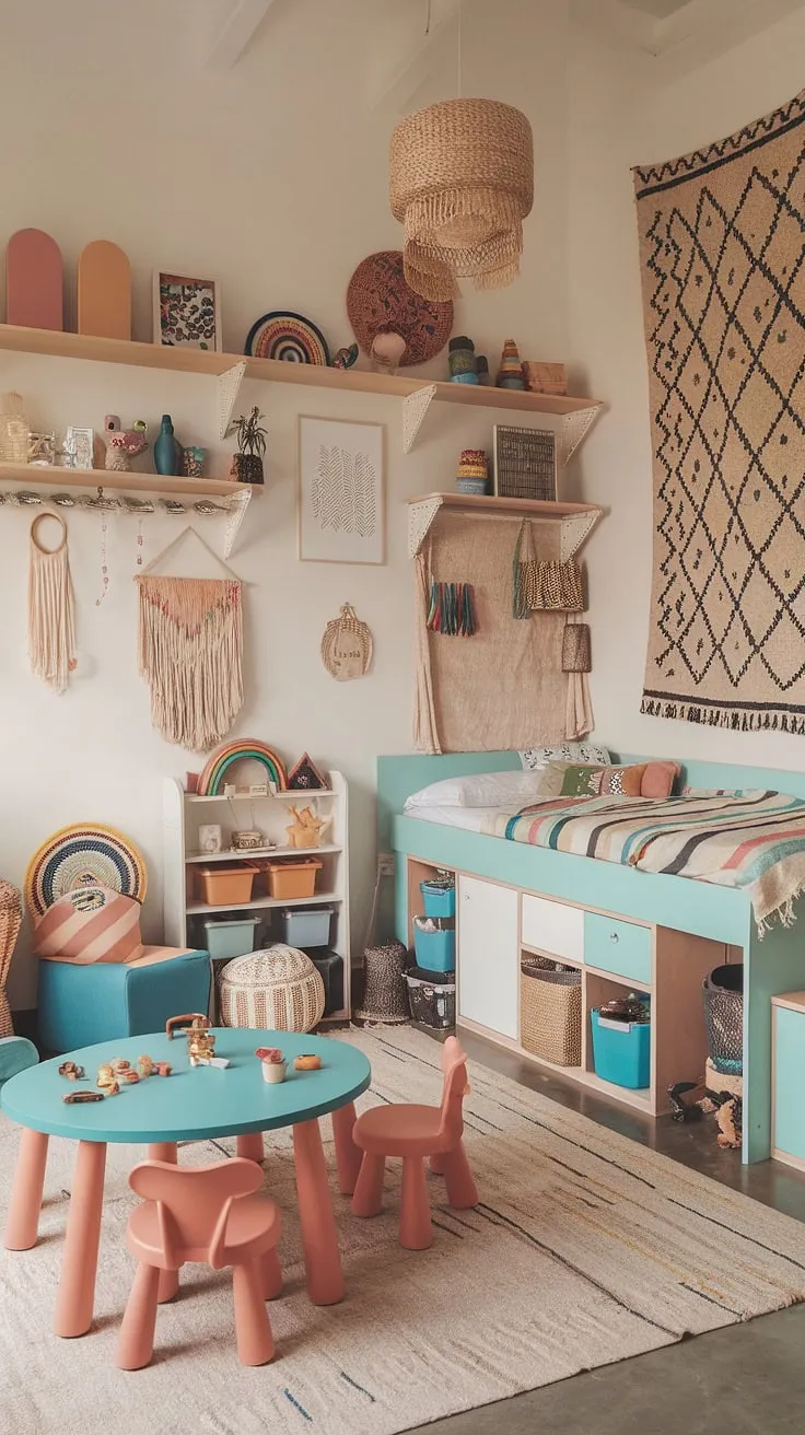 A whimsical blend of function and style, this kids room interior is a stunning example of a colorful playroom.  The boho playroom design seamlessly integrates a sleeping area with a dedicated play space, making it an ideal playroom bedroom combo.  Perfect for a baby boy room decor or a toddler playroom, this space offers endless opportunities for imaginative play and restful sleep.  Get inspired by these boho playroom ideas for your own family room playroom.