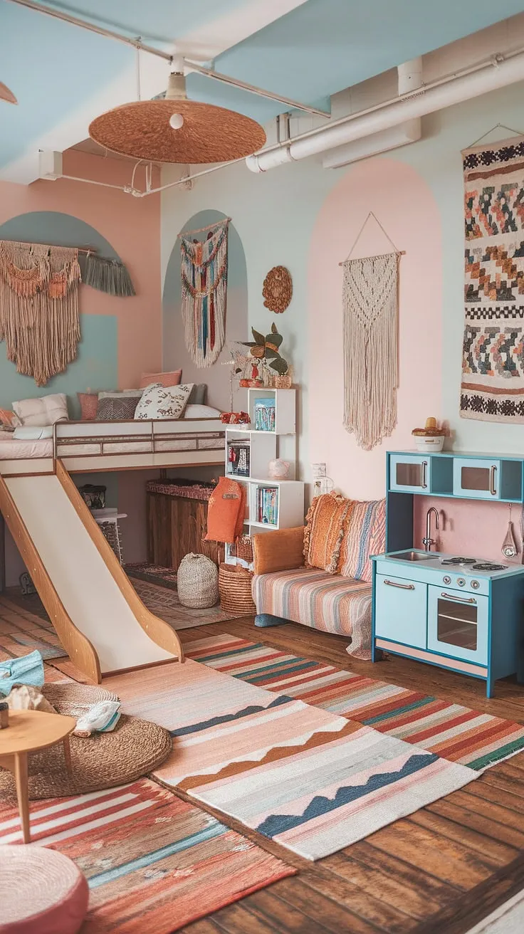 A dreamy escape for little ones! This colorful playroom is a testament to creative kids room interior design.  The boho playroom, a perfect blend of playroom bedroom combo and family room playroom, boasts a loft bed with a slide, a cozy reading nook, and a charming play kitchen.  Boho playroom ideas are expertly woven into this space, featuring vintage furniture, patterned rugs, and eclectic kids playroom decor.  Perfect for a baby boy room decor or a toddler playroom, this space is a celebration of childhood wonder.