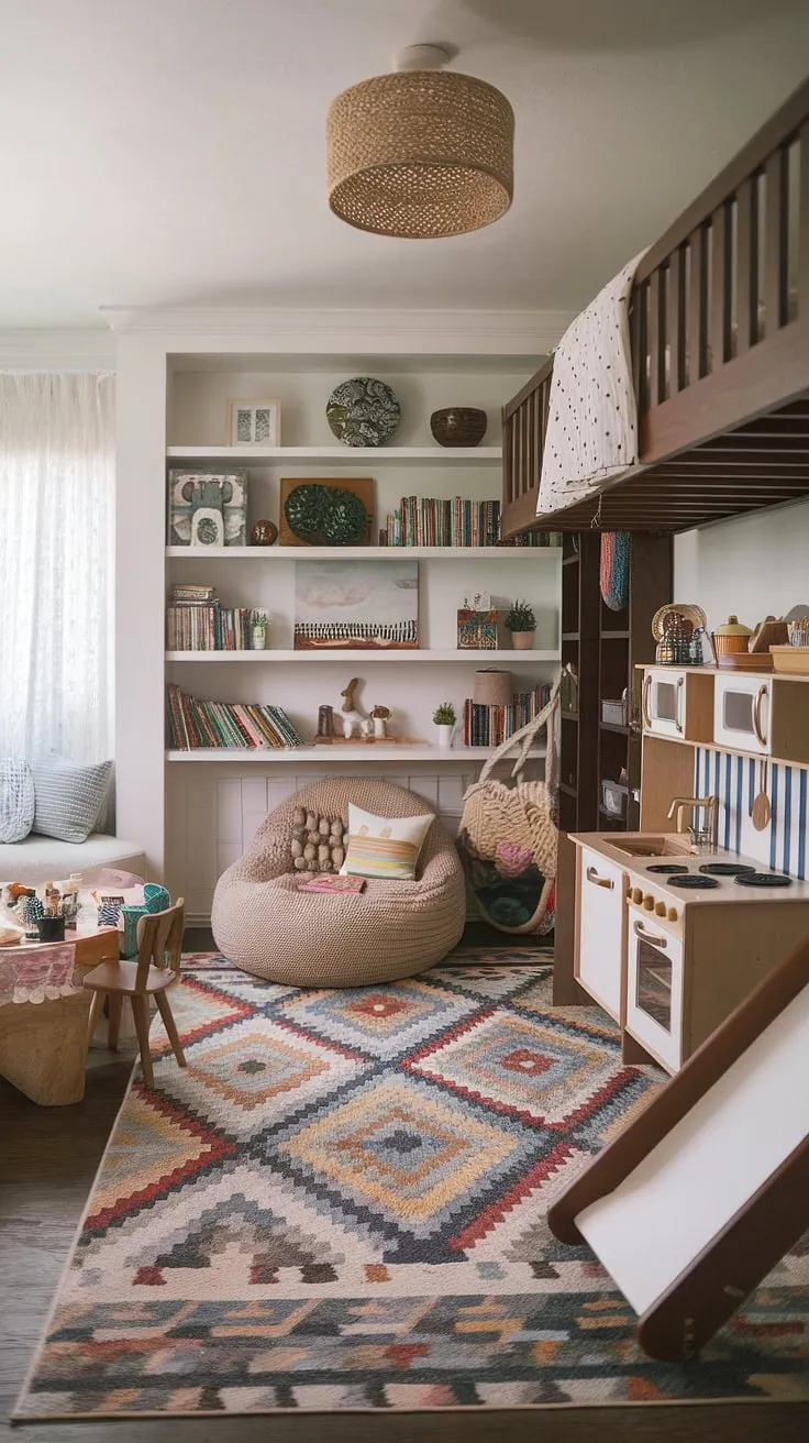 Dreamy boho playroom ideas come to life in this stunning kids room interior.  A playful mix of patterns and textures creates a captivating space where learning and play intertwine. This colorful playroom, designed as a playroom bedroom combo, boasts a dedicated reading area, a charming play kitchen, and a fun loft bed, making it the ultimate family room playroom and toddler playroom.  The perfect blend of boho playroom and kids playroom decor.