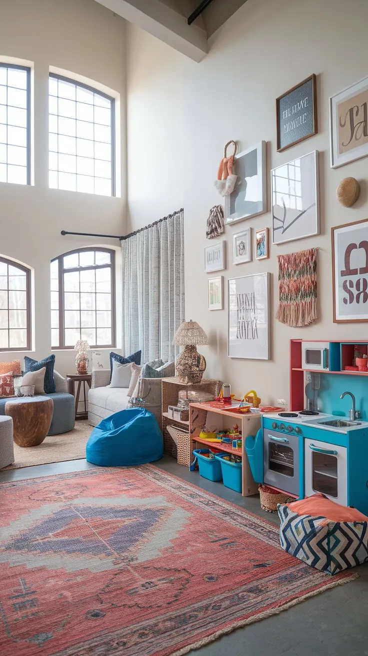 This boho playroom bedroom combo is a dream come true!  The colorful playroom area seamlessly blends with a cozy seating space perfect for family time, offering the best of both worlds in this stunning kids room interior design.  From the playful toy kitchen to the calming reading nook, this toddler playroom and family room playroom is bursting with boho playroom ideas that will inspire any parent.  Clever storage solutions and a vibrant gallery wall complete this kids playroom decor, making it a truly unique baby boy room decor and kids room interior.